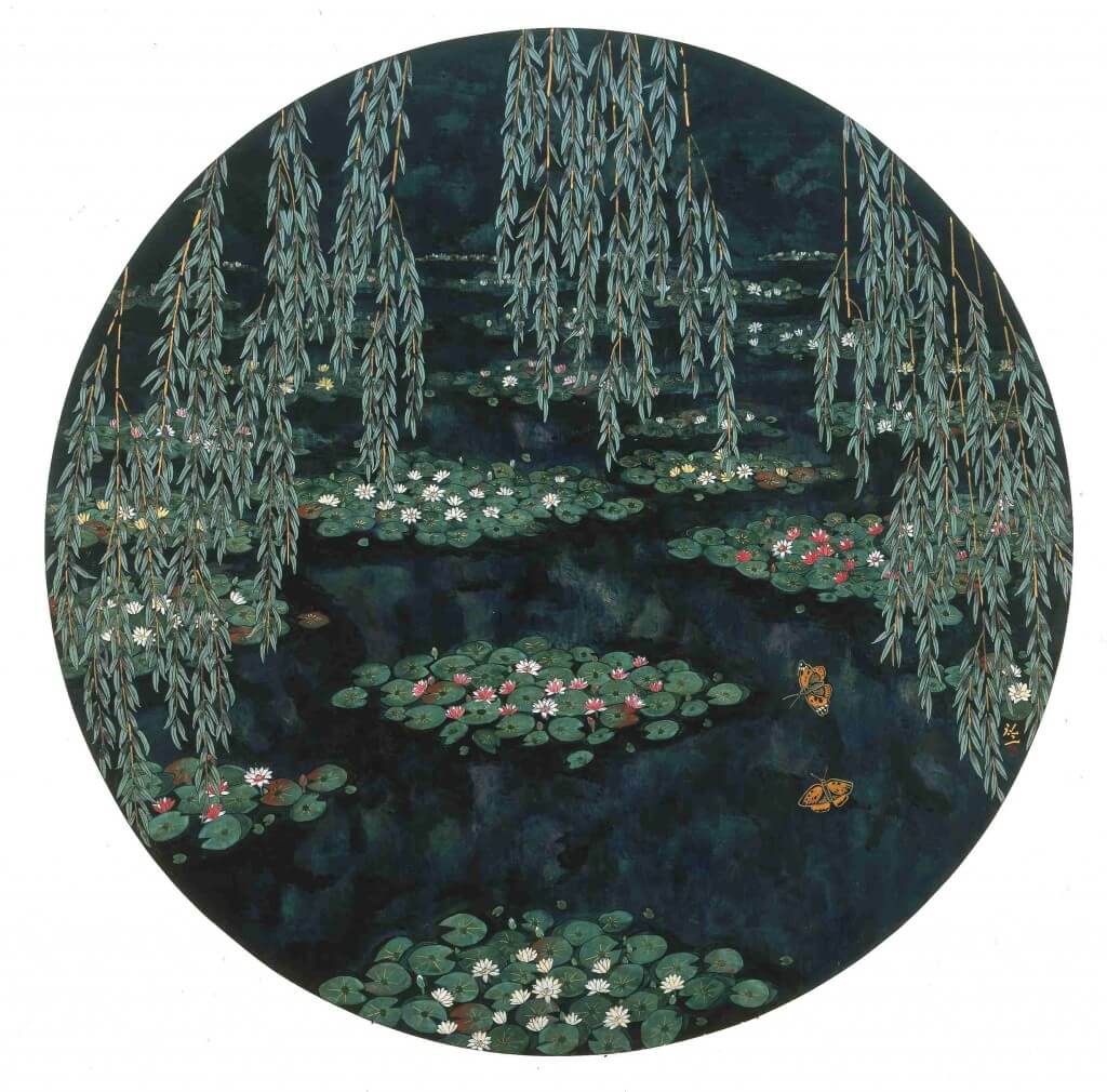 02_Hiramatsu_Reiji__Monets_Teich_im_Schatten_des_Laubes (L'Étang de Monet - À l'ombre des feuillages Underneath the foliage), 2011. Nihonga, Tondo, Durchmesser: 117 cm. Giverny, musée des impressionnismes, 2013.1.20. © Hiramatsu Reiji. © Giverny, musée des impressionnismes